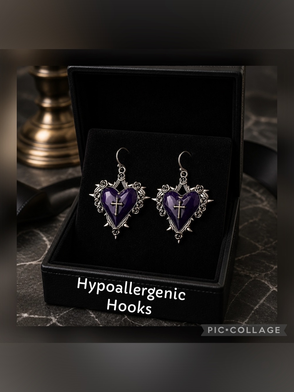 Purple Heart Cross Drop Earrings - Gothic Jewelry - hypoallergenic hooks